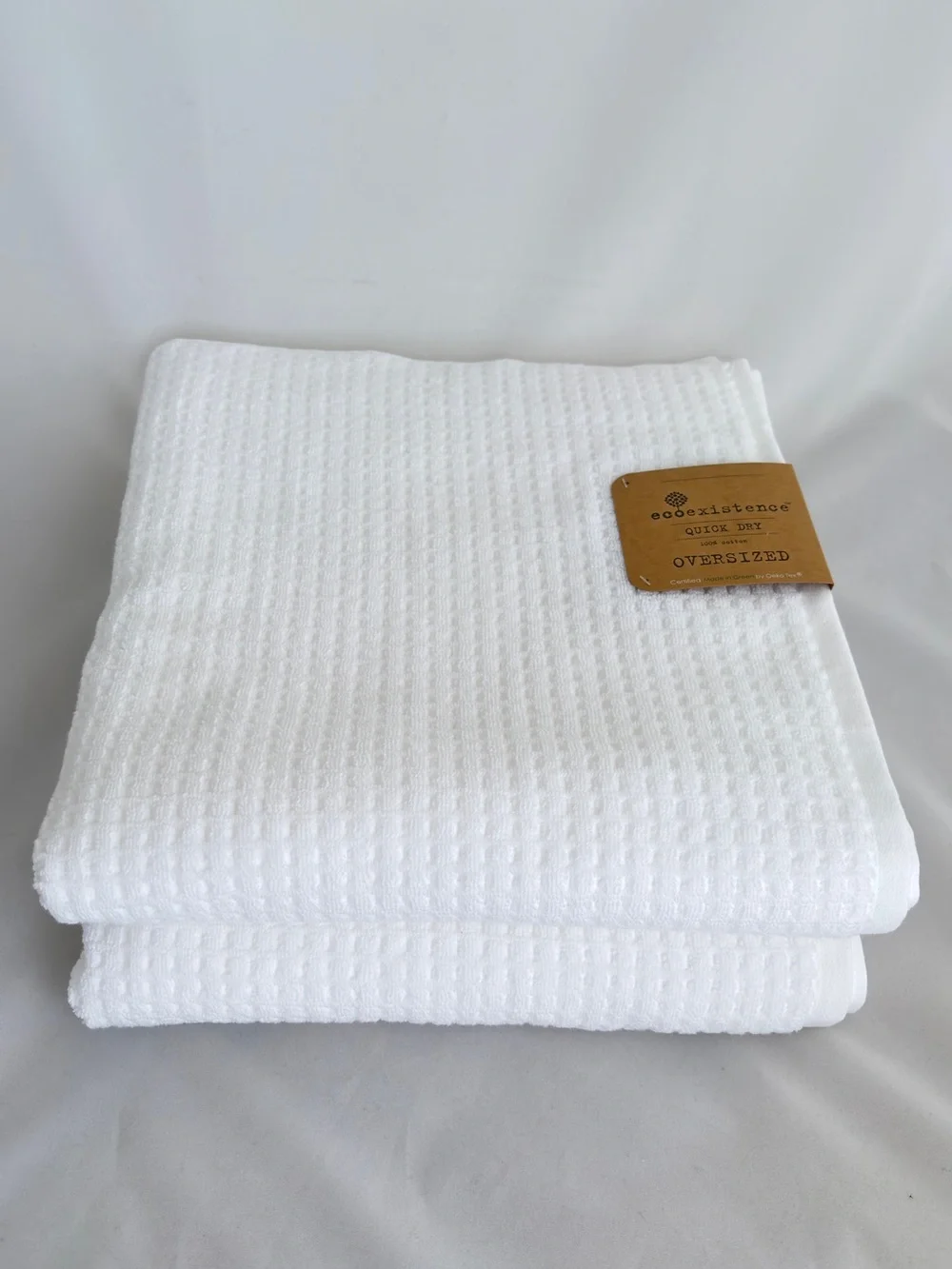 NWT 2Pc Ecoexistence Waffle Luxury Bath Towels in Pure White Soft Cotton
